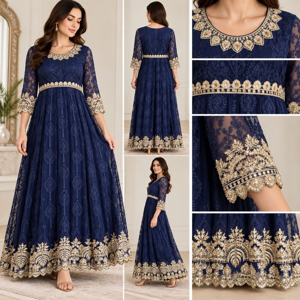 Women XL Navy Blue Gold Embroidered Gown Maxi Dress Pakistani Eid Wedding Party